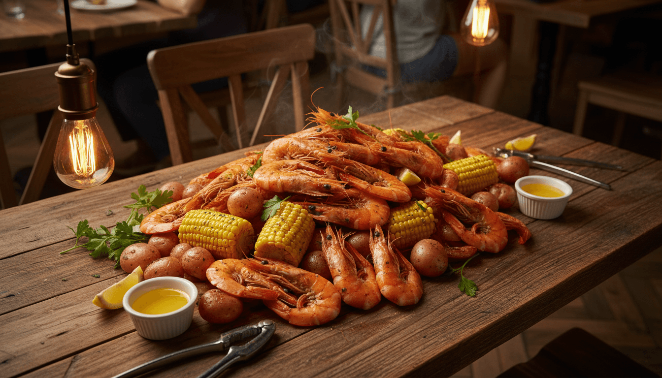 Seafood boil with shrimp, corn, and potatoes on a rustic table