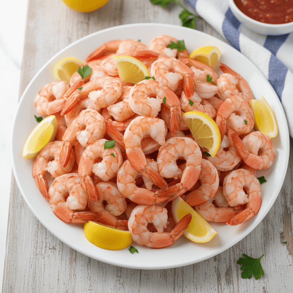 Steamed shrimp piled high on a serving platter with lemon wedges