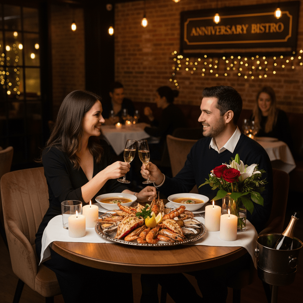 Anniversary dinner table with seafood dishes and warm candlelight