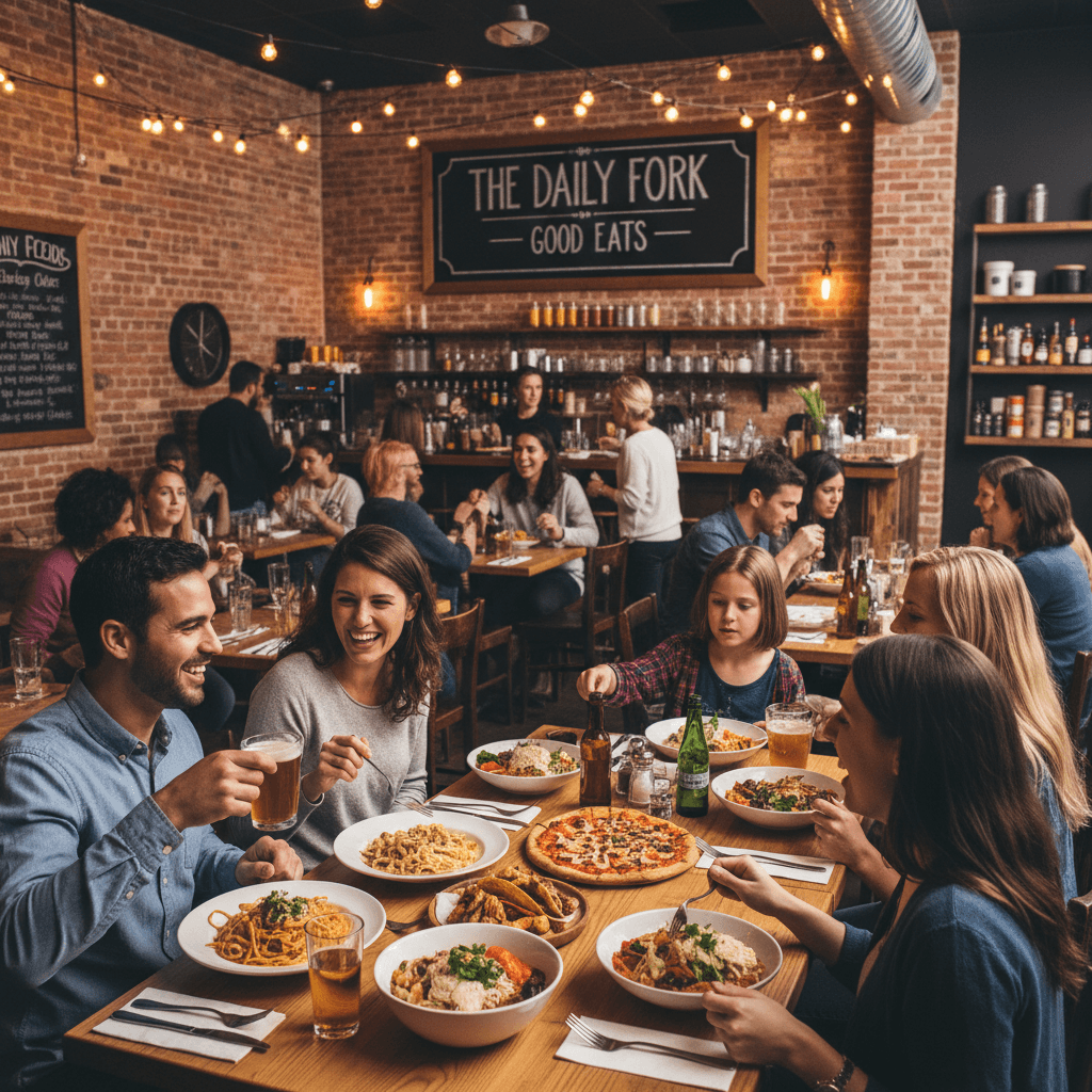 People enjoying food at a casual neighborhood restaurant