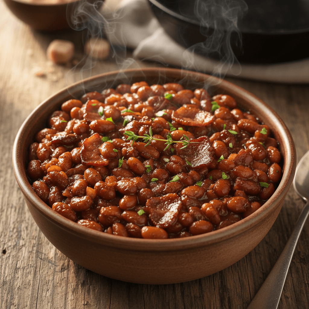 Smoky baked beans in a bowl