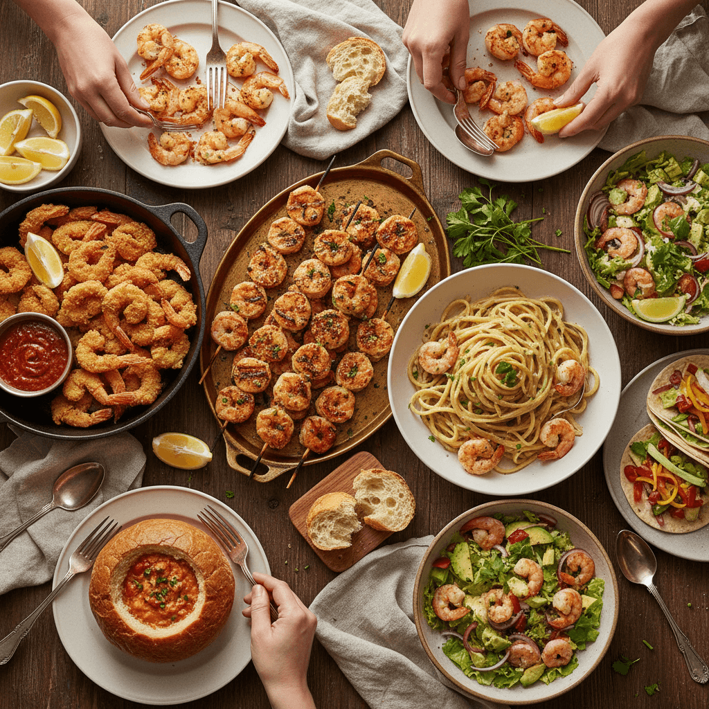 Family style spread of shrimp dishes on a table