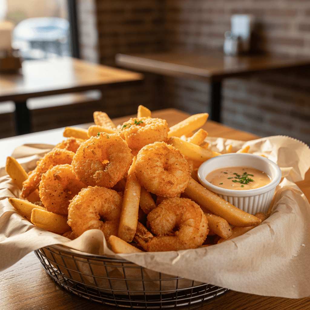 Basket of crispy fried shrimp with fries and dipping sauce