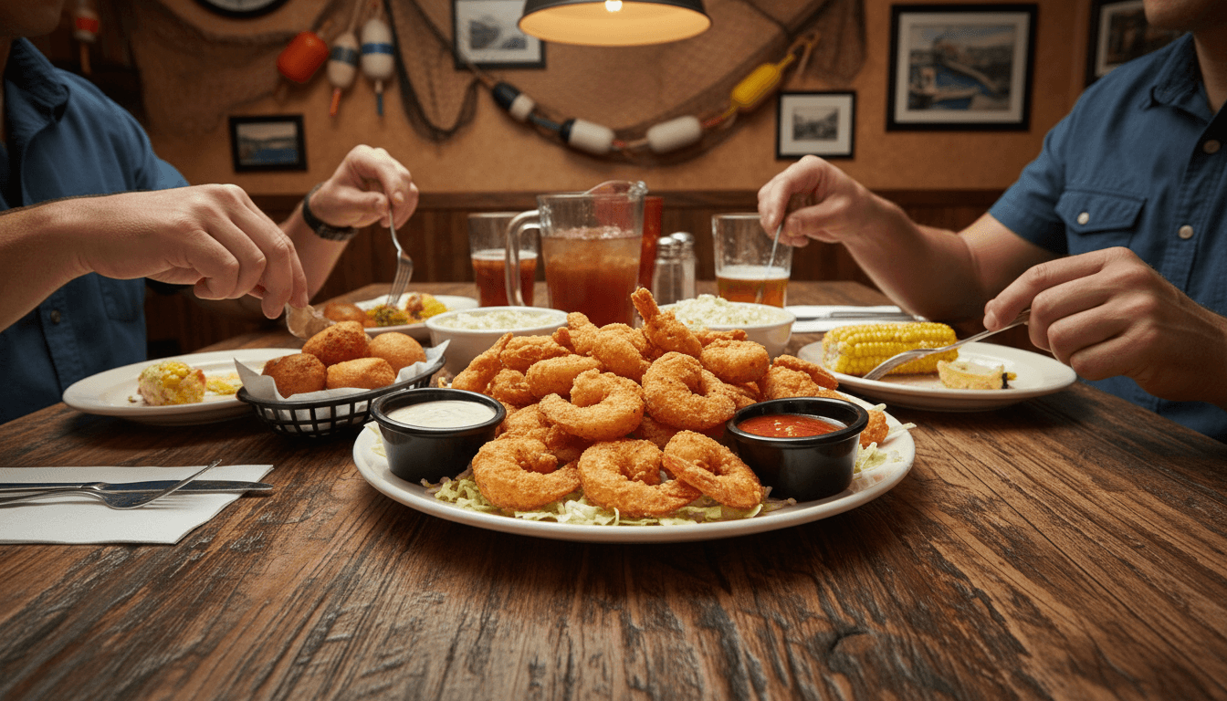 Platter of golden fried shrimp with lemon wedges and dipping sauce on a rustic table