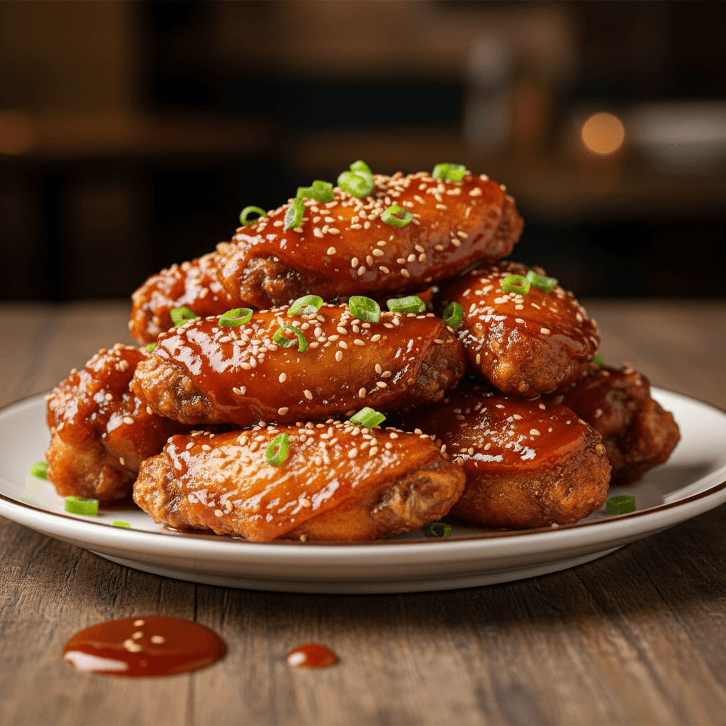 Crispy fried chicken wings coated in glossy sauce on a plate