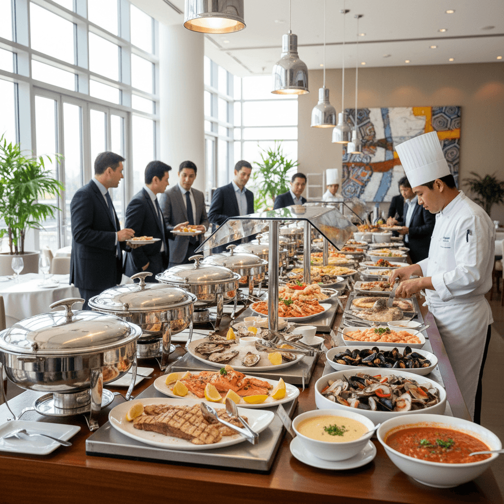 Business lunch buffet with seafood catering options at a professional gathering