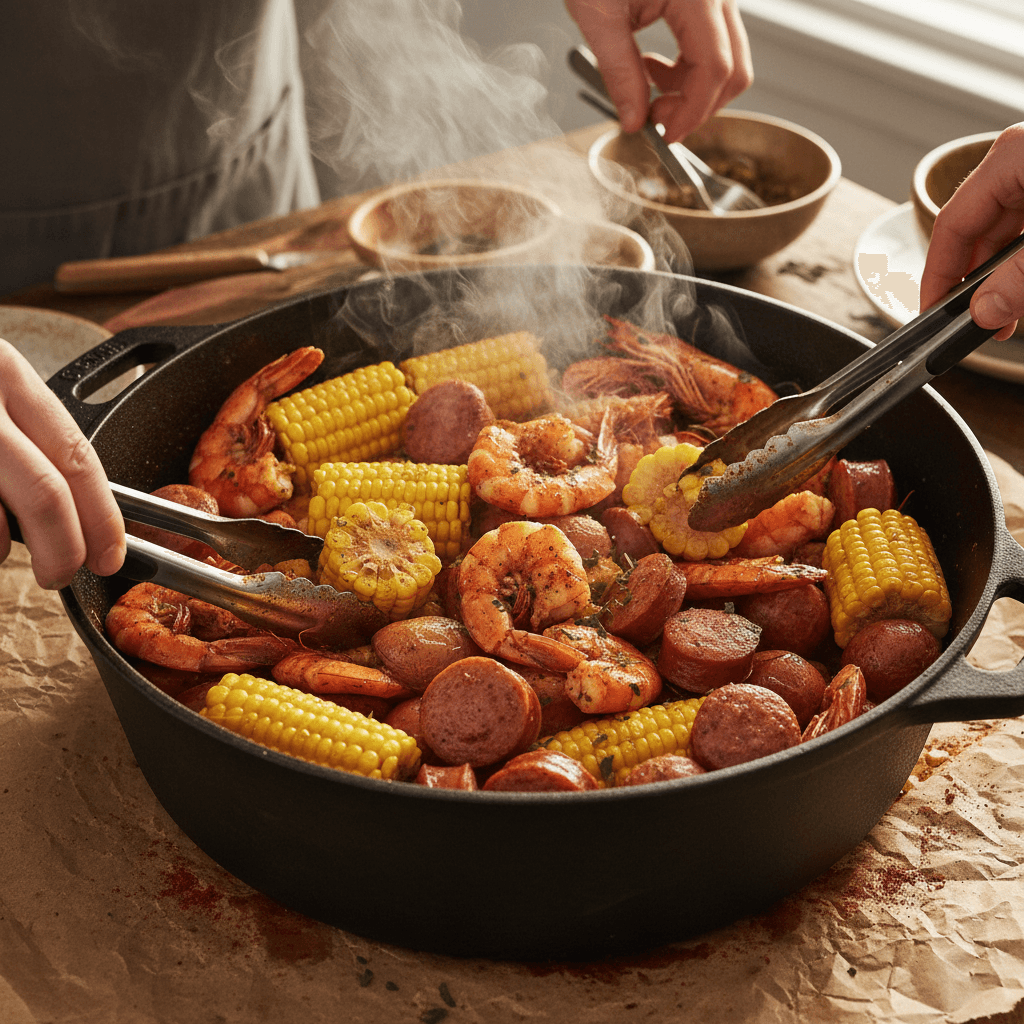 Seafood boil with shrimp, corn, potatoes, and sausage in a large pot