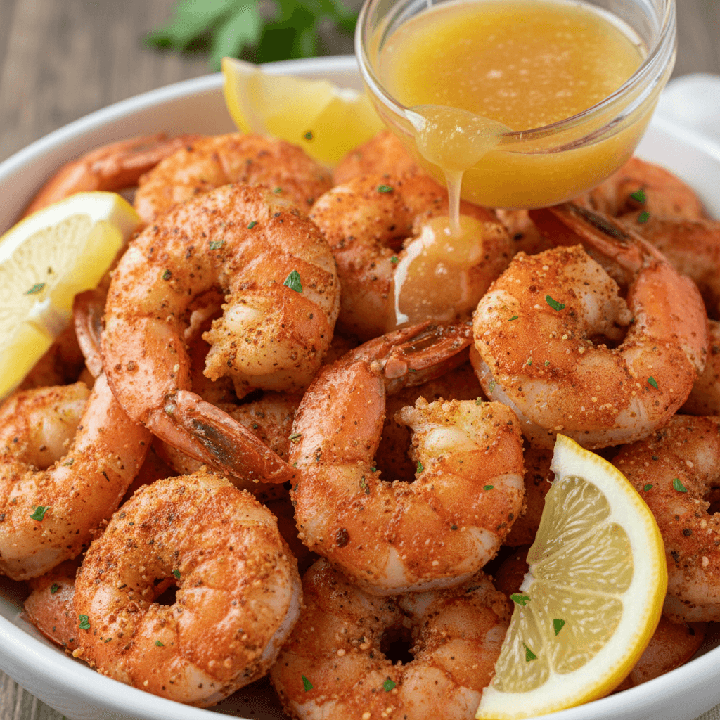 Close-up of seasoned boiled shrimp with lemon and butter