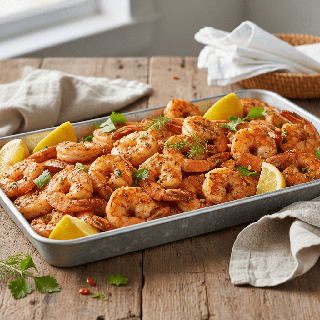 Generous platter of seasoned shrimp with lemon wedges on a wooden table