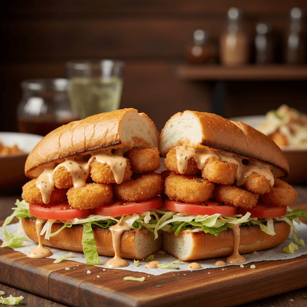 Shrimp po' boy sandwich with lettuce, tomato, and remoulade on a hoagie roll