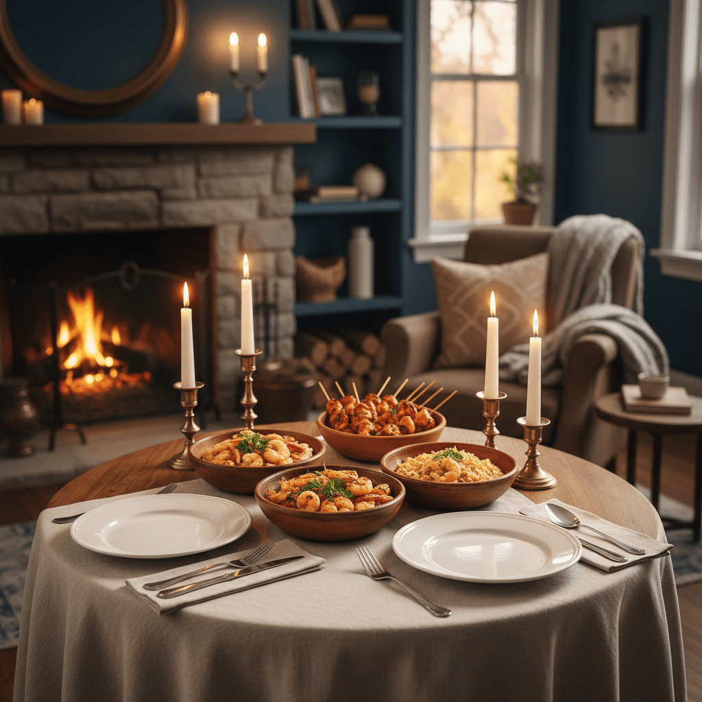 Small dinner table set with shrimp dishes and candles in a cozy home dining room