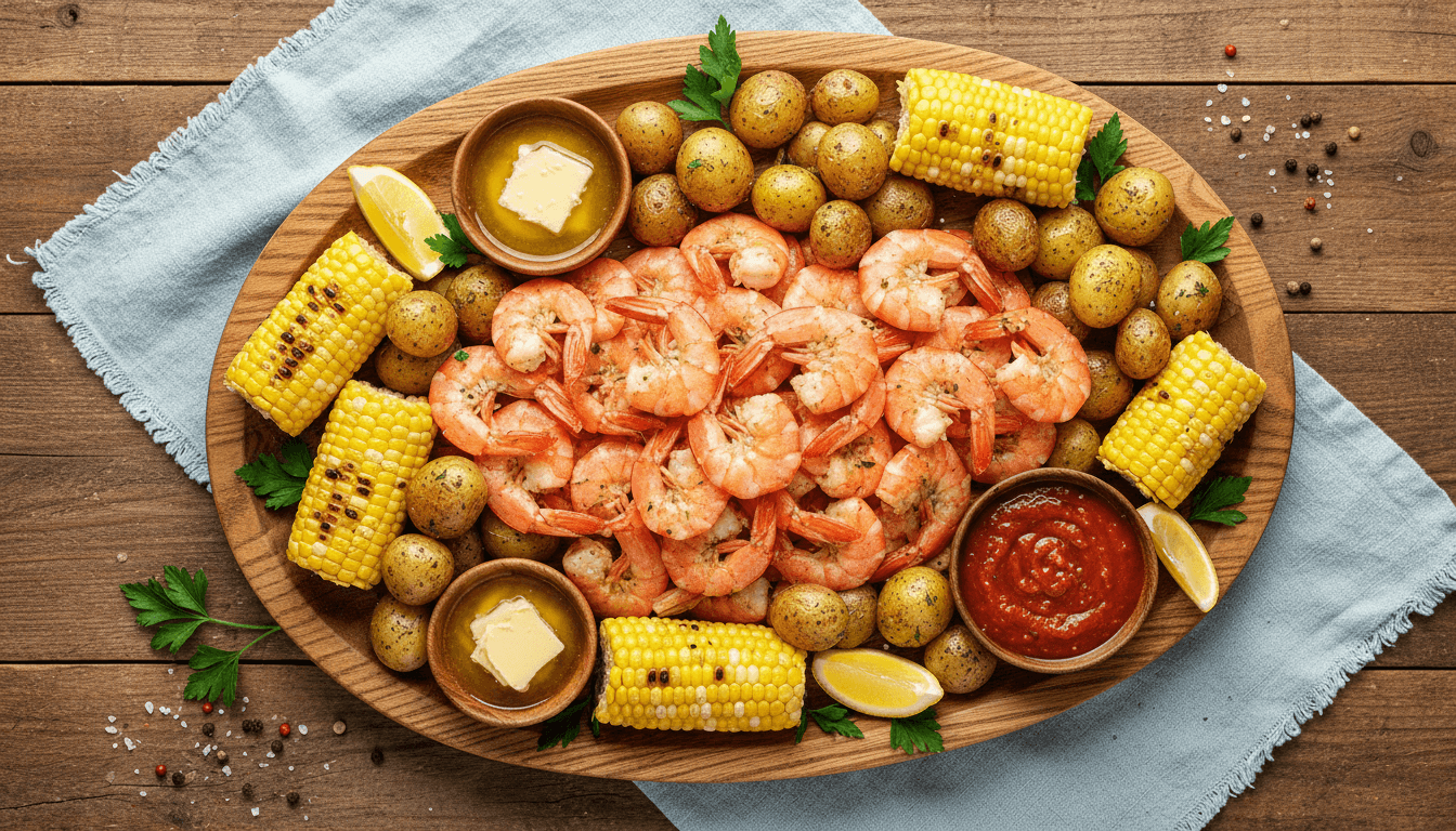 Overhead shot of a fresh seafood platter with shrimp, corn, and potatoes on a rustic table