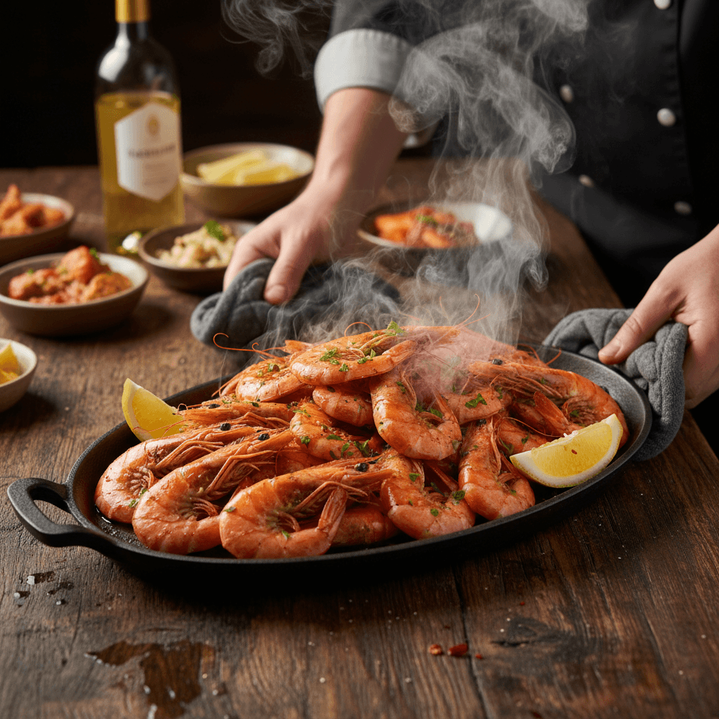 Steaming shrimp platter set down on a table