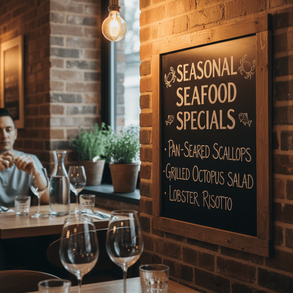 Seasonal seafood specials board in a cozy restaurant