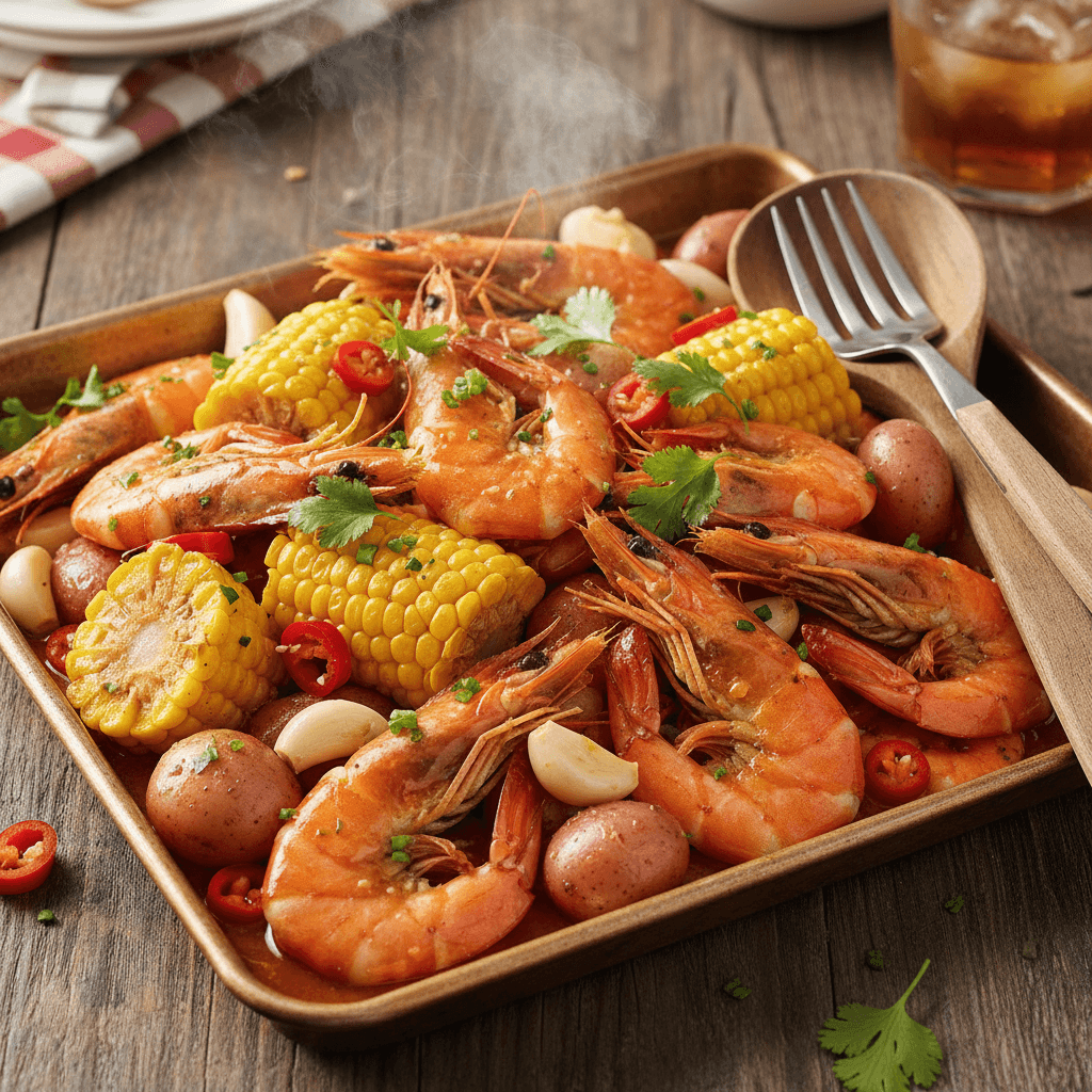 Spicy shrimp boil with red chili peppers and garlic butter sauce
