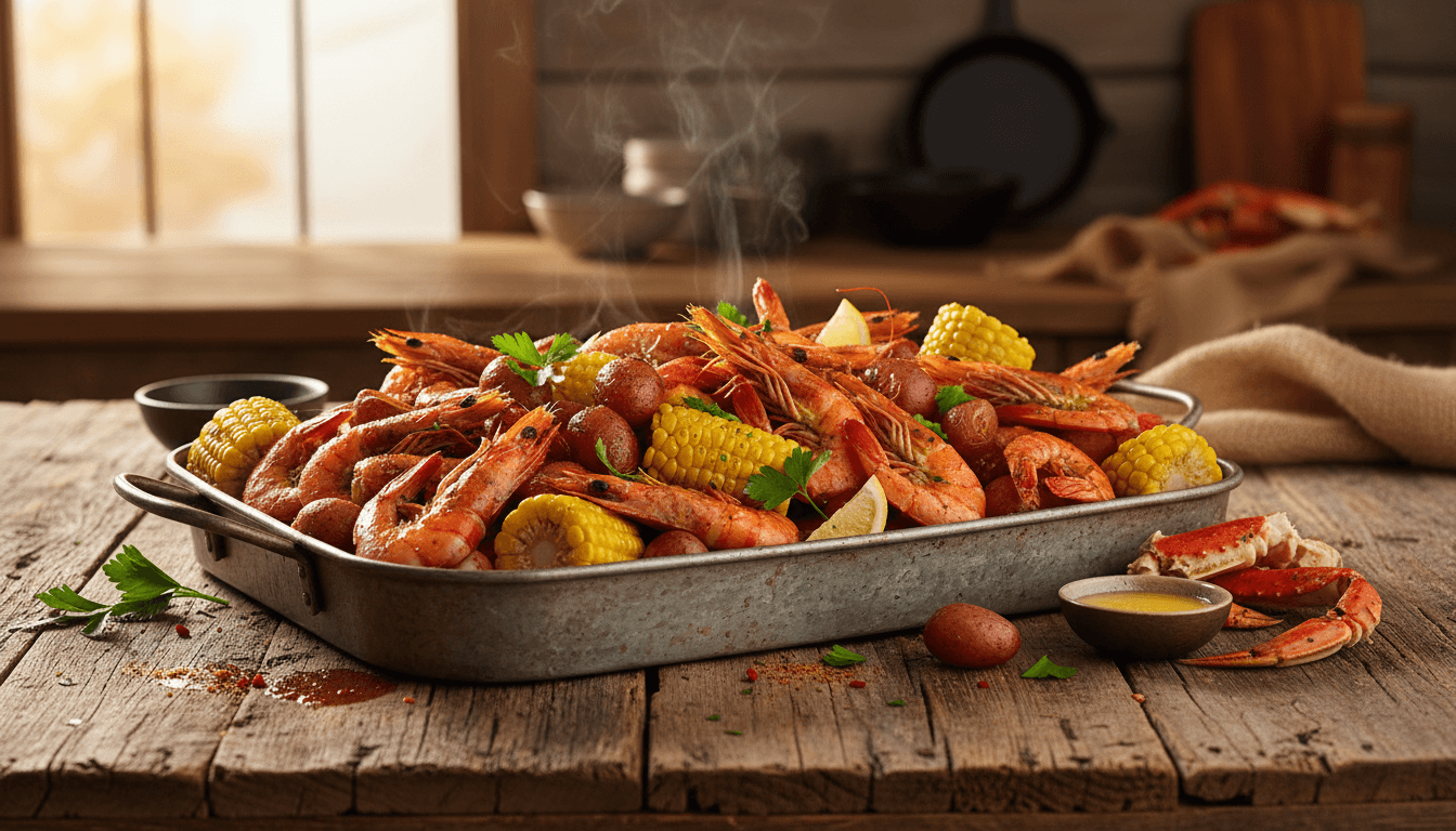 Seafood boil with shrimp, corn, and potatoes in a metal tray