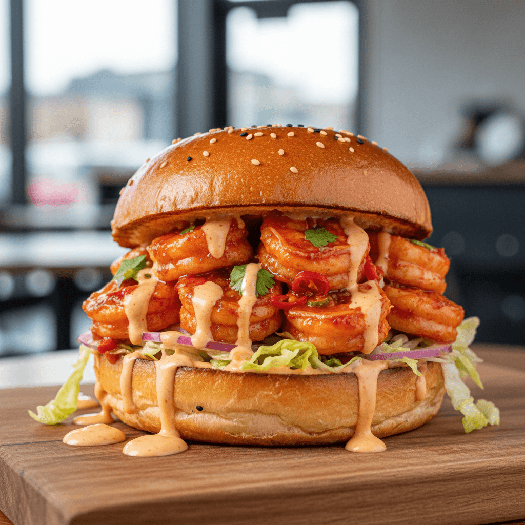 Spicy shrimp sandwich with sauce on a brioche bun