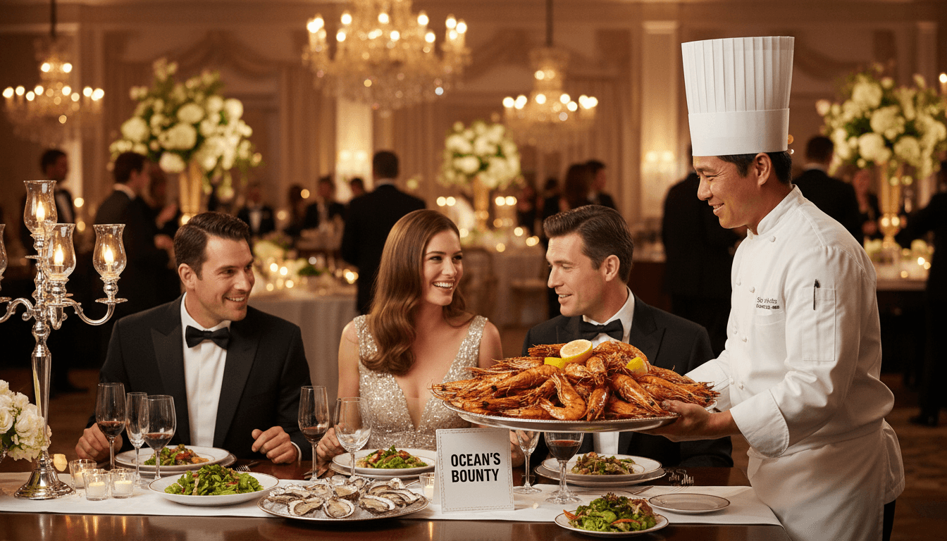 Chef serving shrimp platter at a catered event
