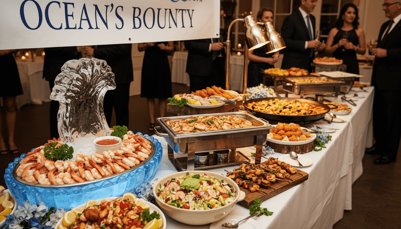 Catering spread of fresh shrimp dishes on a buffet table at a lively event