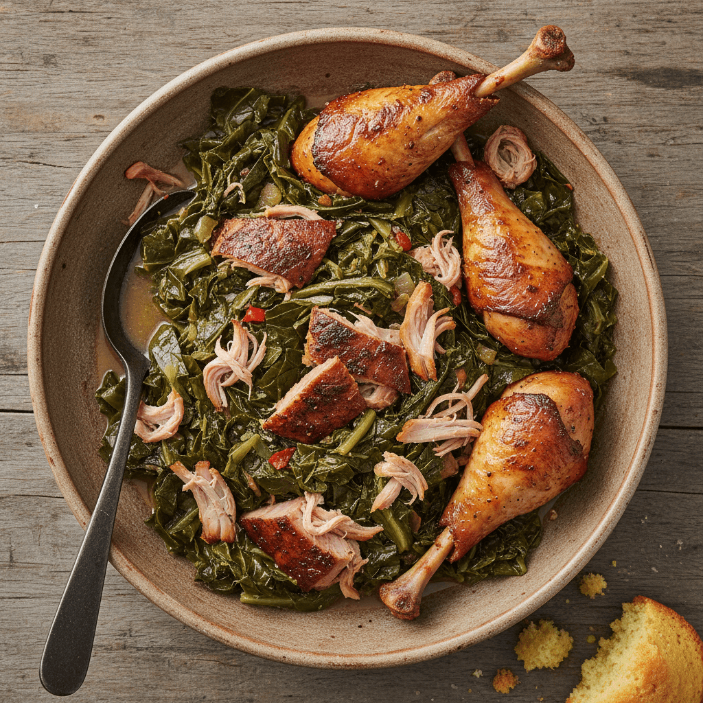 Slow-cooked collard greens in a bowl