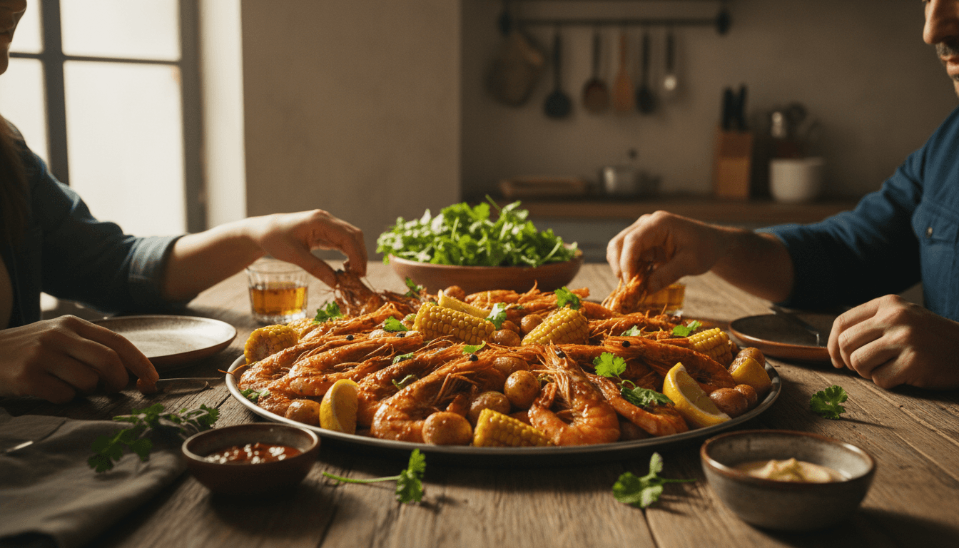 Family gathering around a large platter of twisted shrimp with corn and potatoes