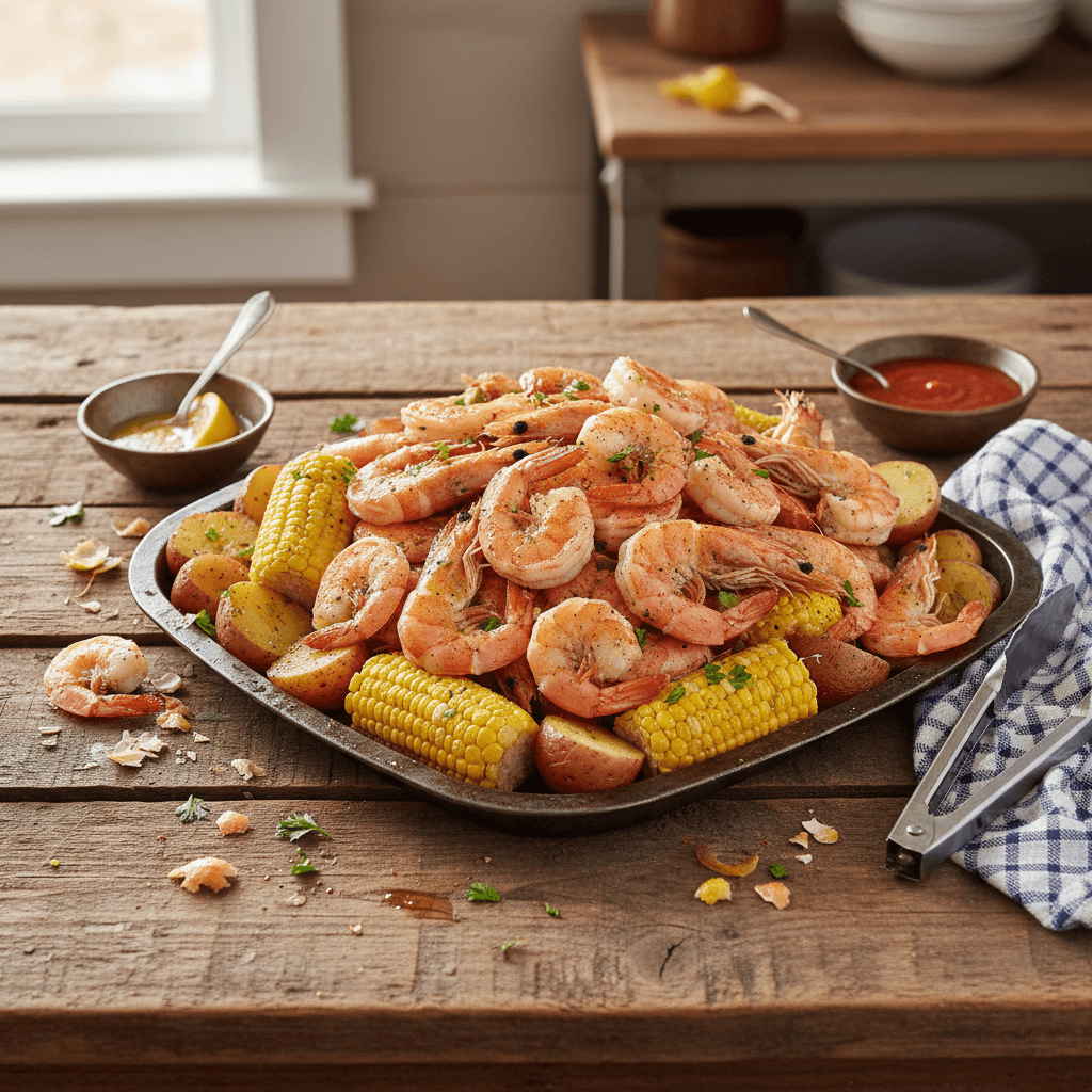 Steamed shrimp platter with corn and potatoes