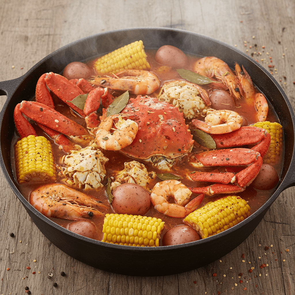 Steaming pot of shrimp and crab boil with corn and potatoes