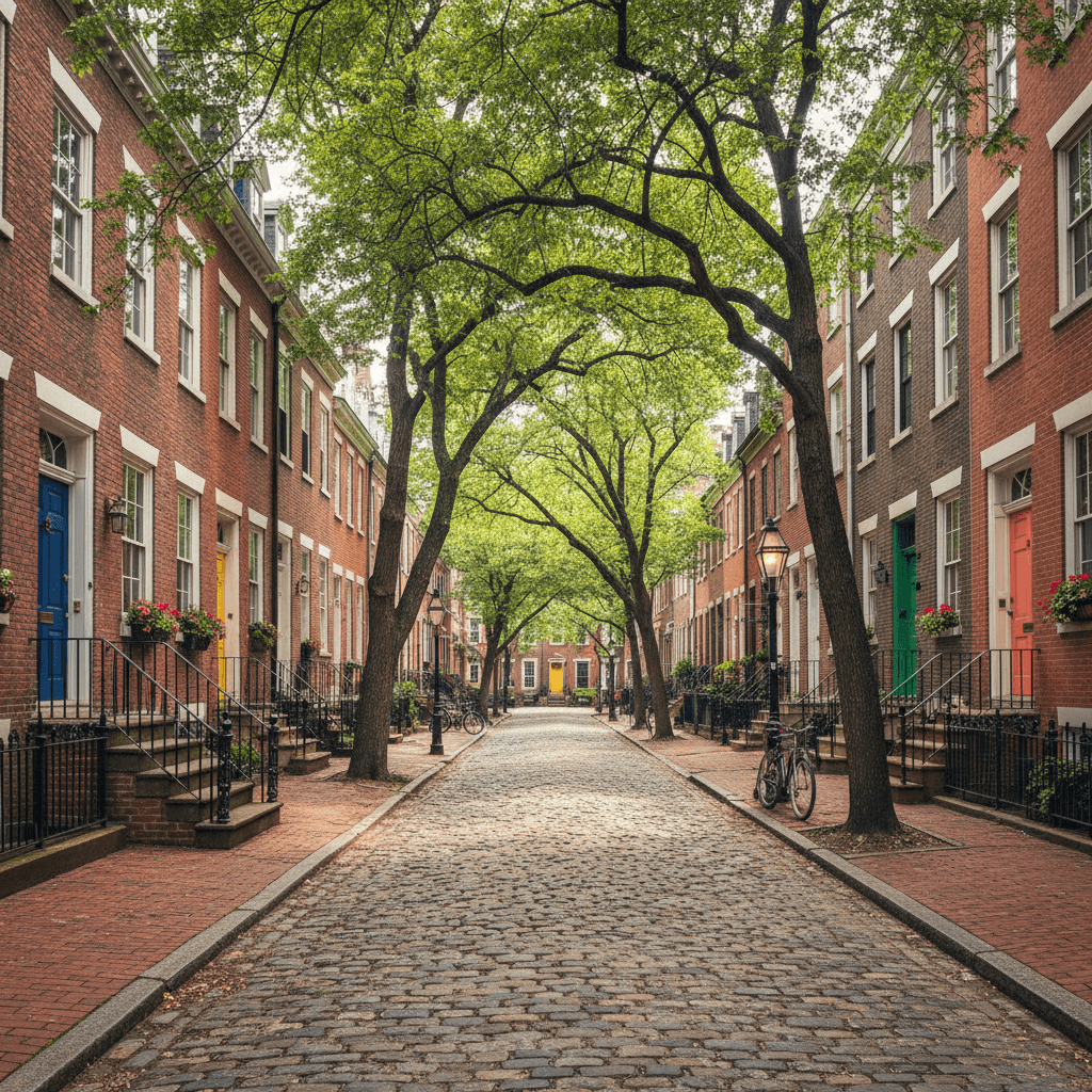 Historic Philadelphia rowhomes lining a tree-shaded street