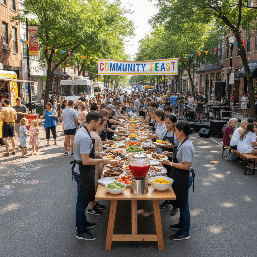 Outdoor street block party with a food serving table and community crowd