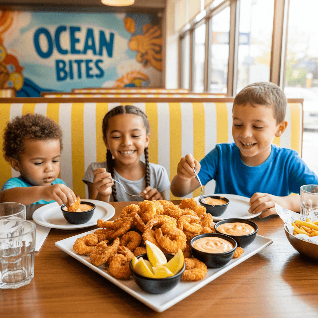 Child eating fried shrimp with a dipping sauce in a restaurant booth