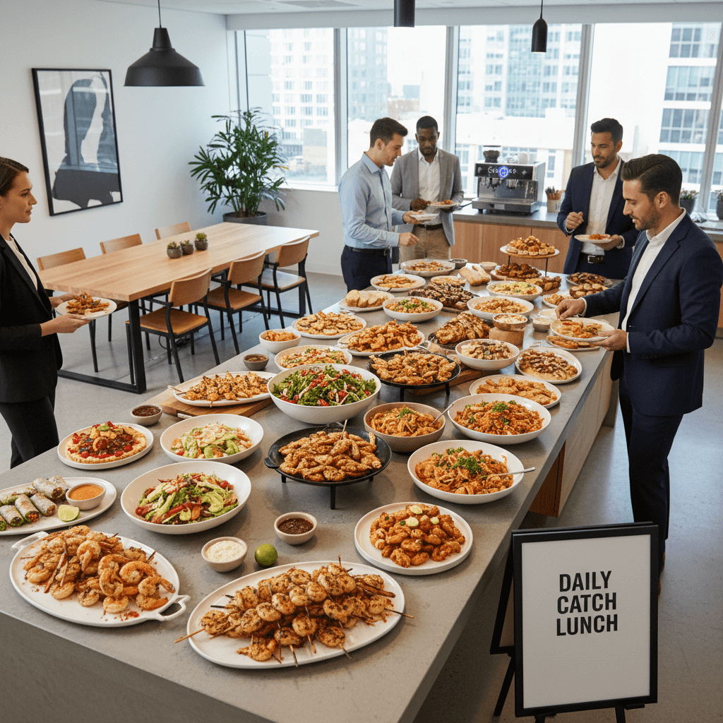 Catered lunch spread with shrimp dishes in a modern office break room