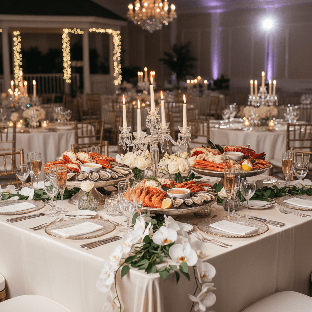Elegant wedding reception table with seafood platters and decorations