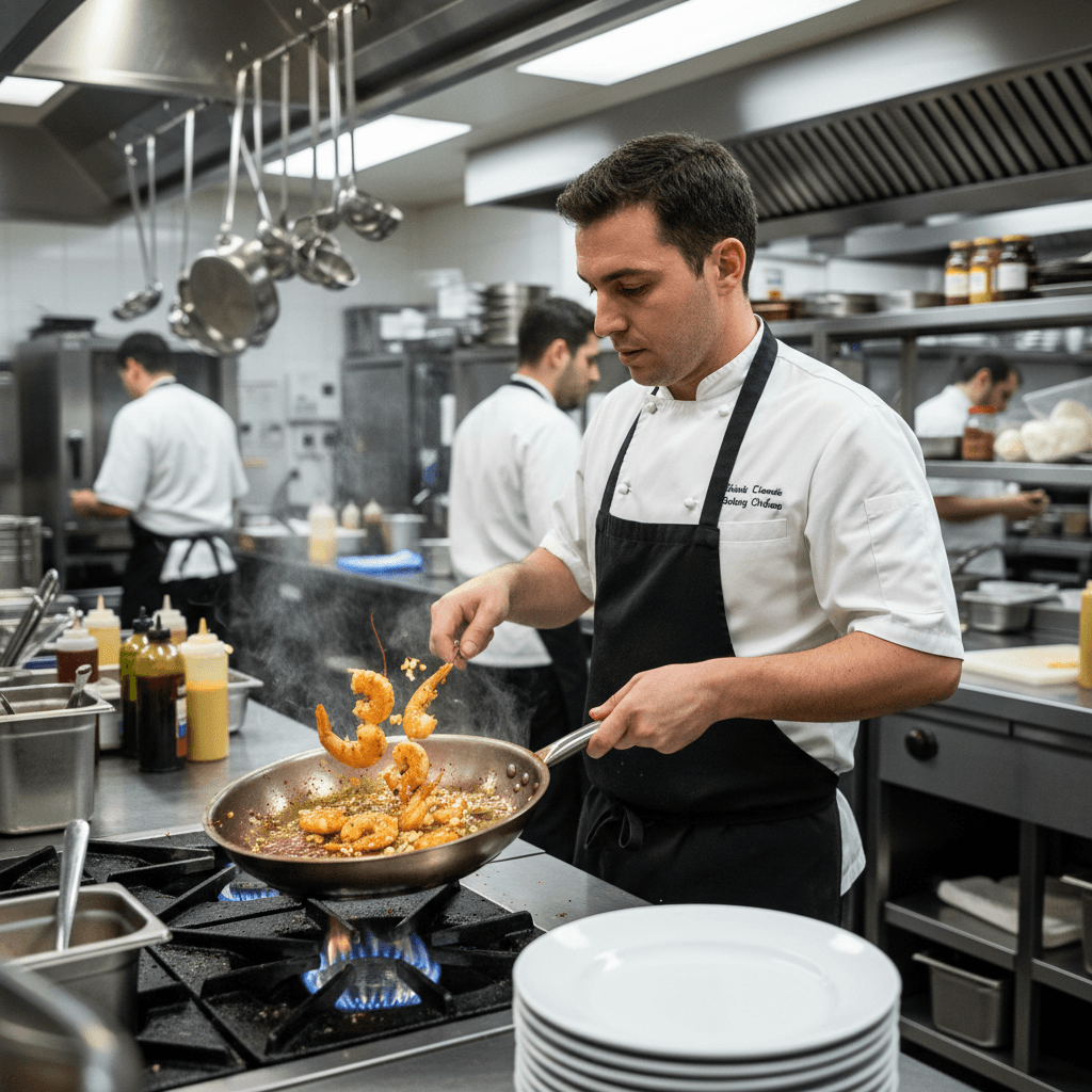 Chef seasoning fresh shrimp in a busy kitchen line