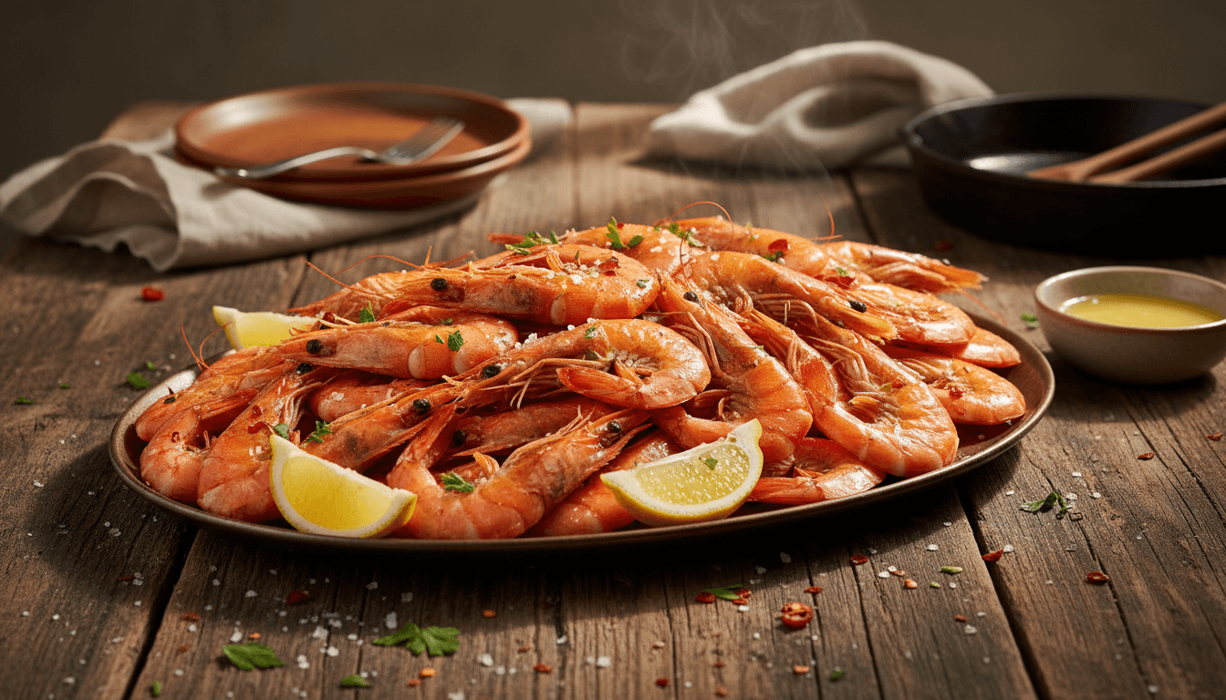 Fresh boiled shrimp platter with lemon and spices on a rustic table