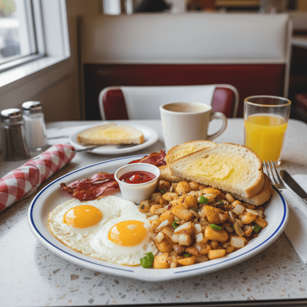 Hearty brunch plate with eggs, home fries, and toast on a diner table