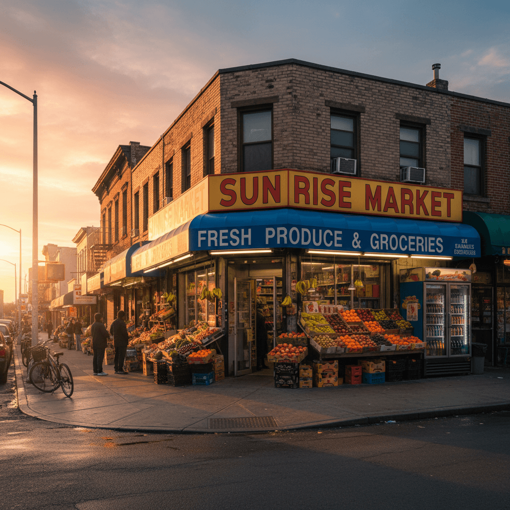 Neighborhood corner market glowing at dusk