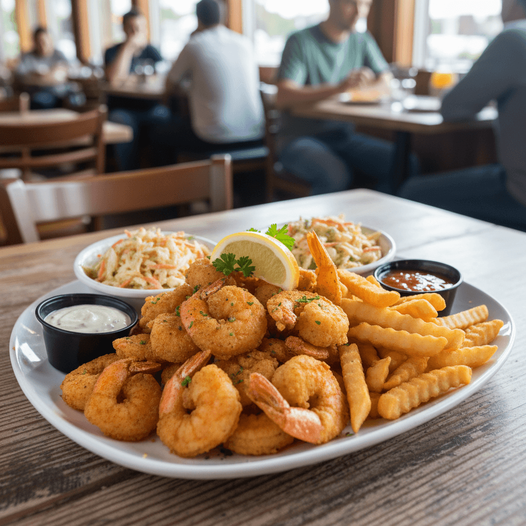Shrimp platter with two sides served on a plate at a casual counter