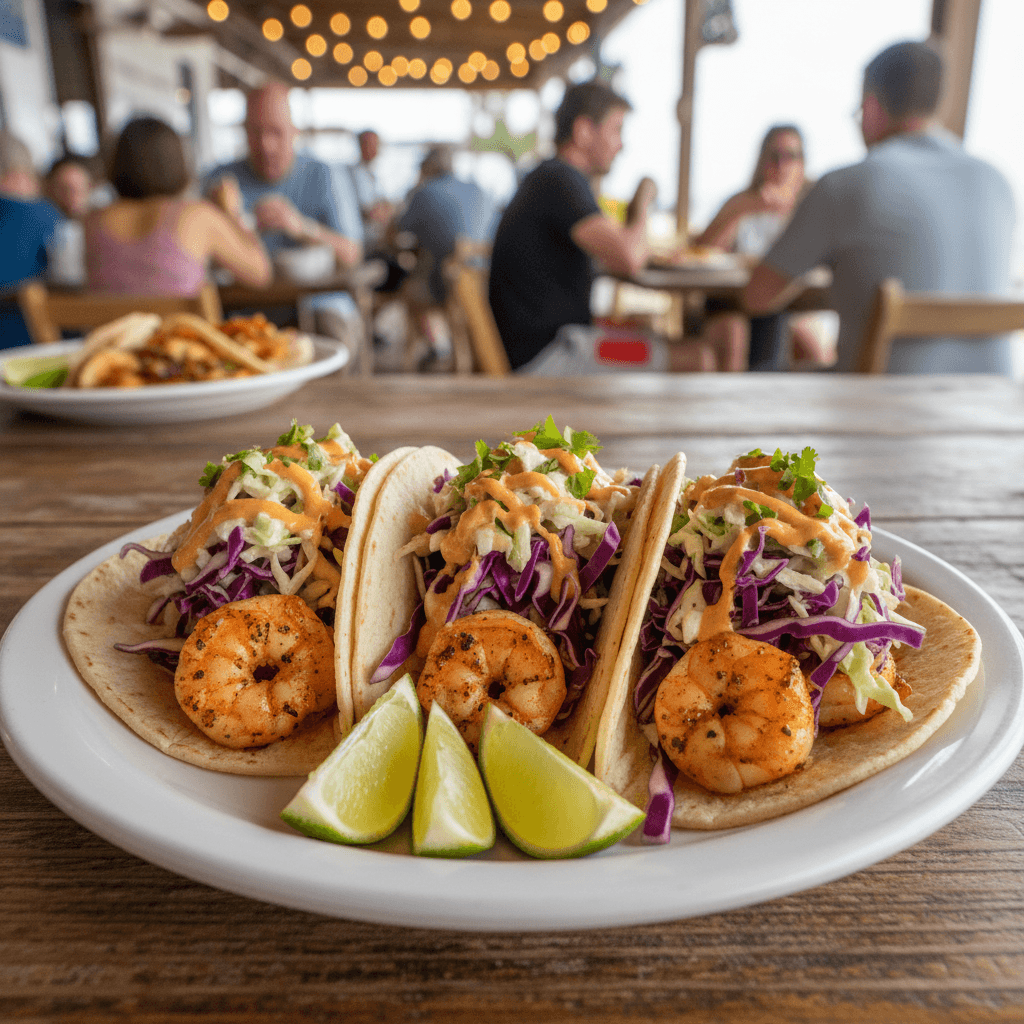 Three shrimp tacos with slaw and sauce on a white plate