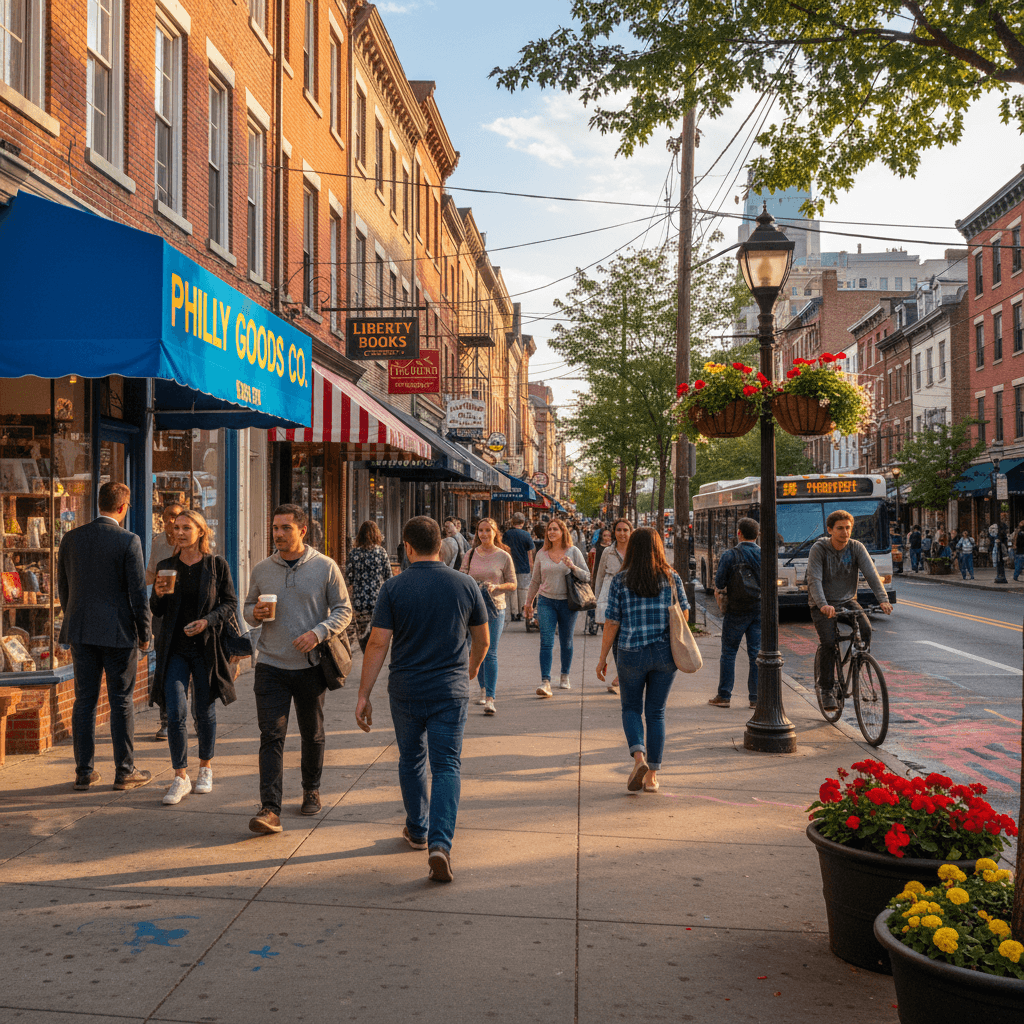 Lively Germantown street with neighbors out and about