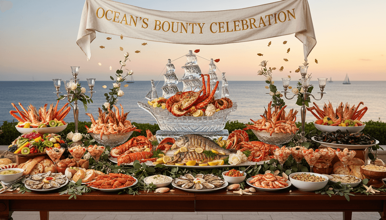 Catering spread of fresh seafood and shrimp on a table with festive decorations