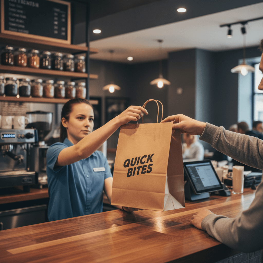 Takeout bag handed across a restaurant counter