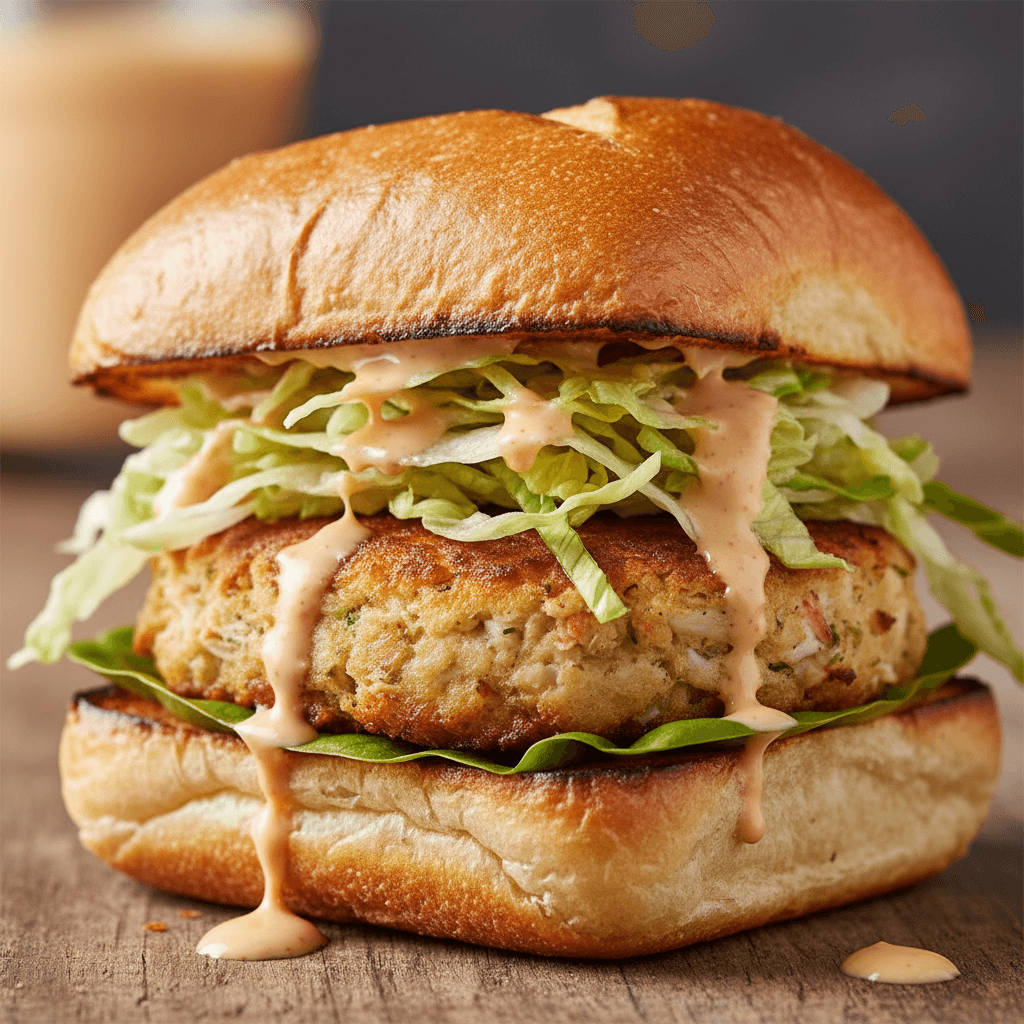 Crab cake sandwich with remoulade and lettuce on a toasted roll