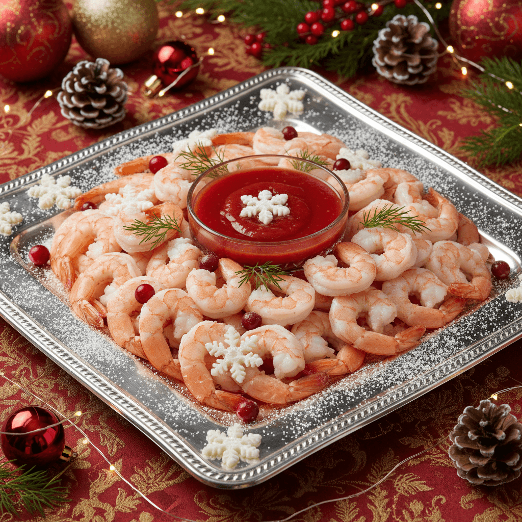 Snowflake decorated shrimp cocktail platter on a holiday table