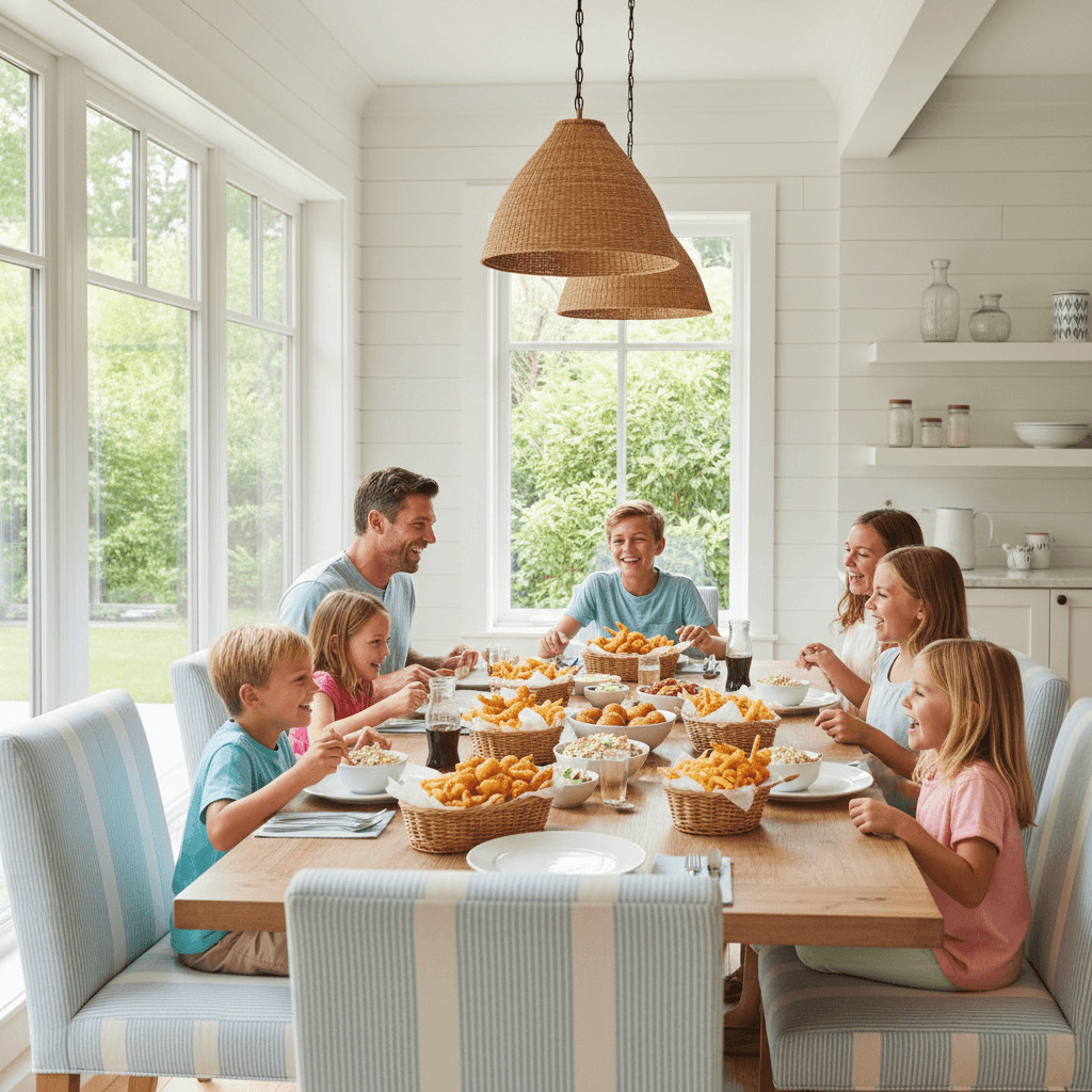 Casual family weekend dinner with fried shrimp and sides at a bright table