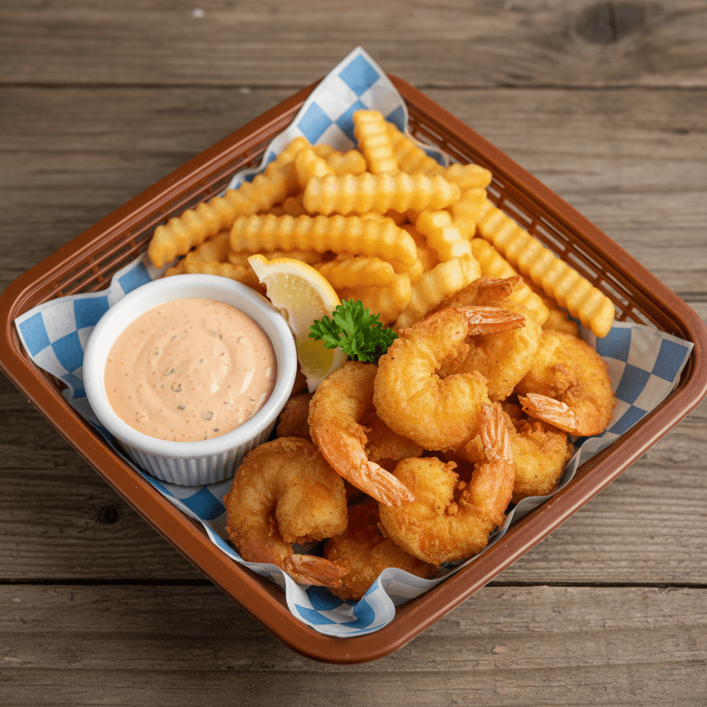 Fried shrimp basket with fries and dipping sauce