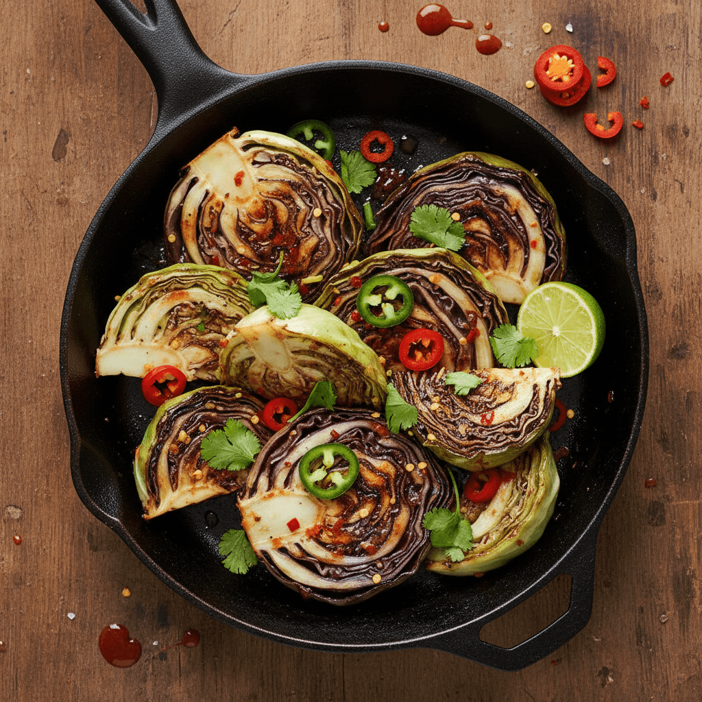 Pan-fried cabbage in a skillet