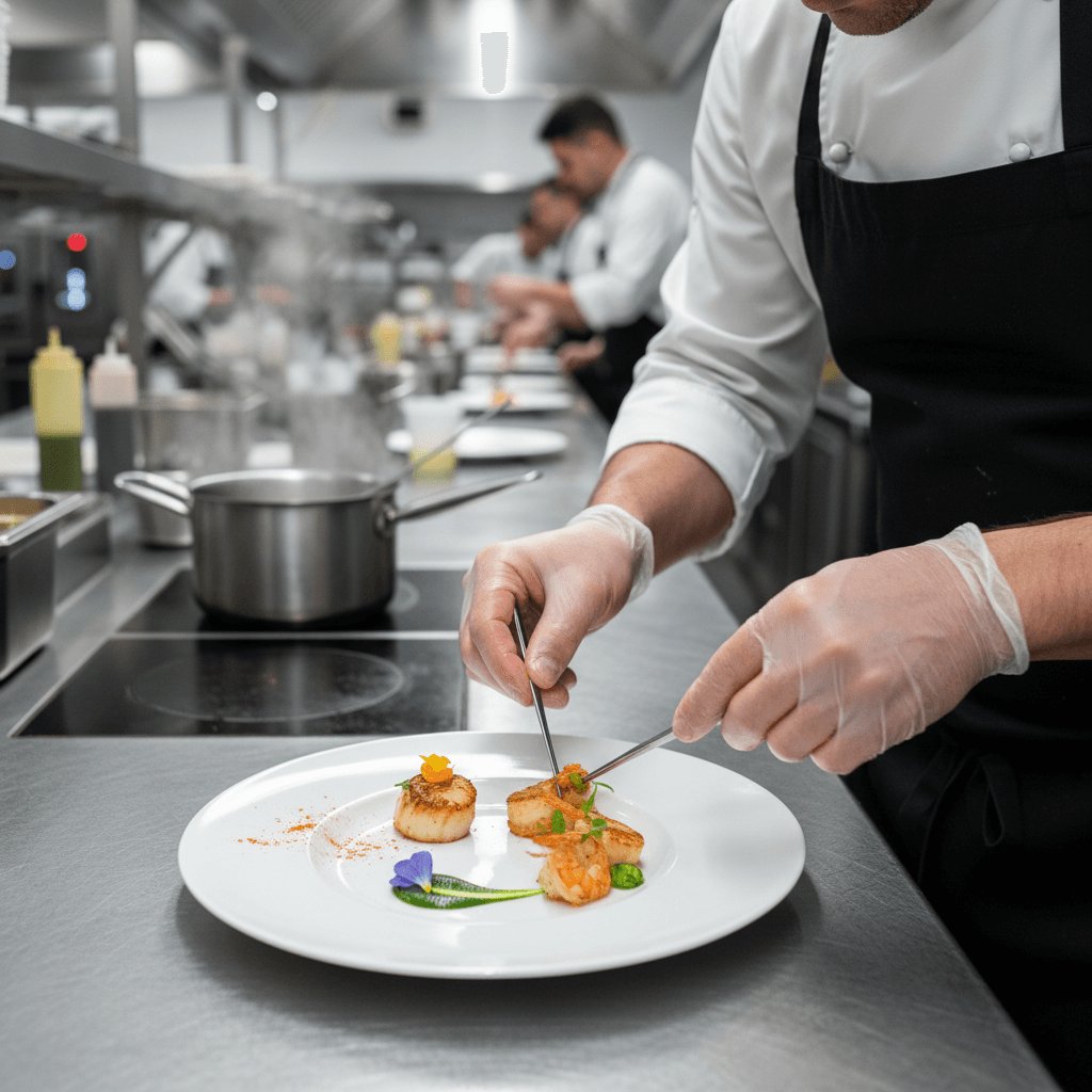 Chef plating a small batch seafood dish in a professional kitchen