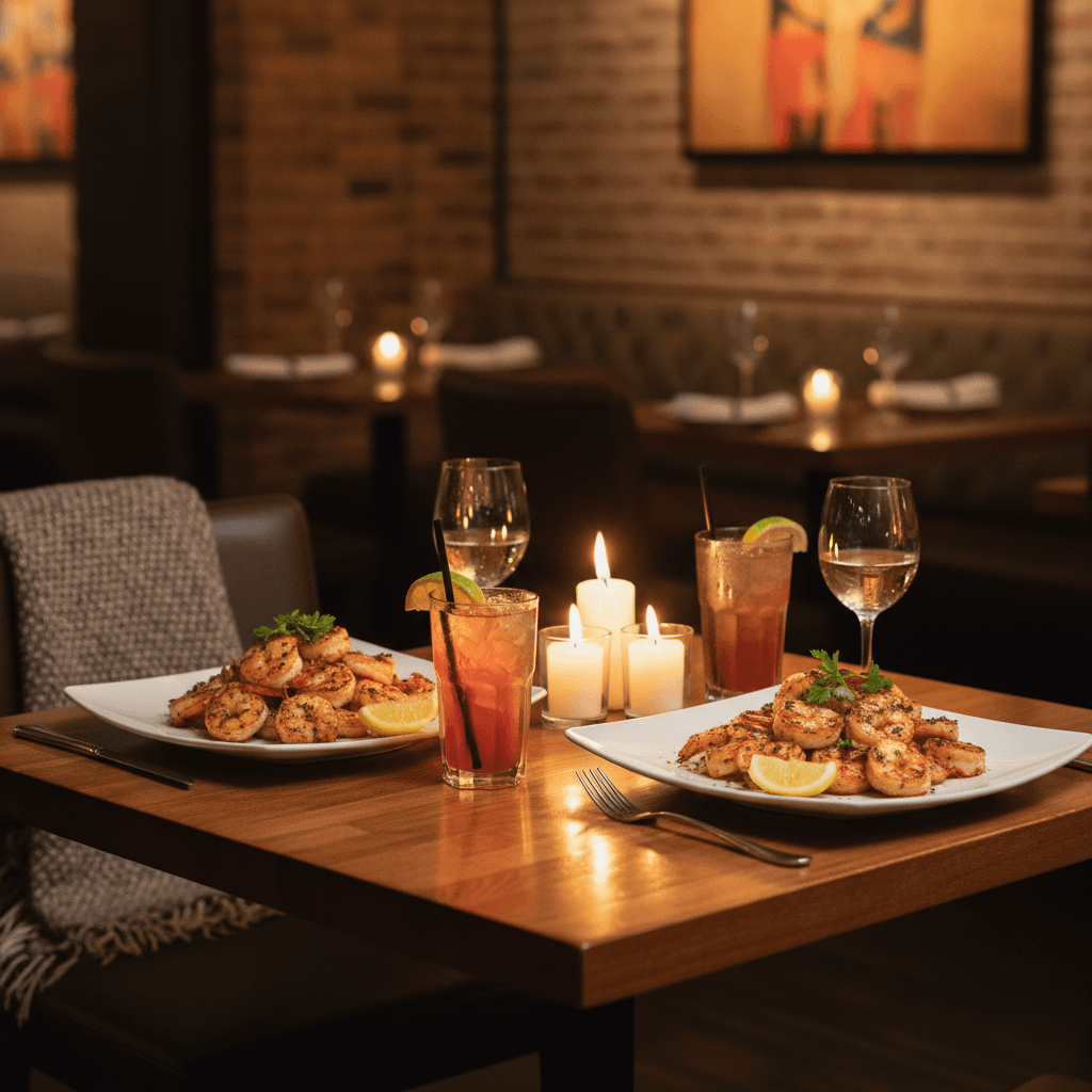 Cozy restaurant table with candlelight and plates of shrimp and drinks