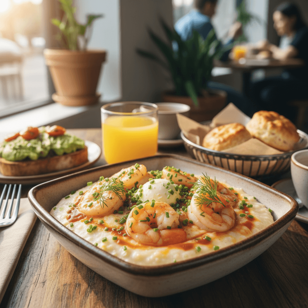 Shrimp and grits in bowl with fresh herbs at brunch table