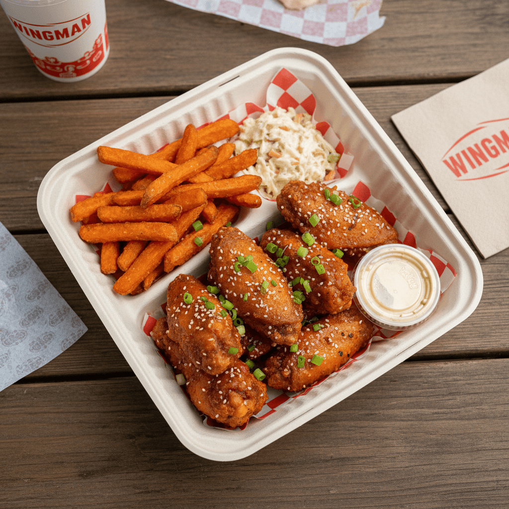 Takeout container filled with crispy chicken wings and sides